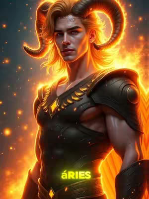 An AI-generated image depicts a muscular, light-skinned male figure with long, flowing blonde hair. He has glowing orange horns, suggestive of a ram, and is surrounded by a fiery, yellowish-orange aura. The figure is dressed in dark armor with gold accents. The word "ÁRIES" in a yellow, glowing font is added at the bottom.