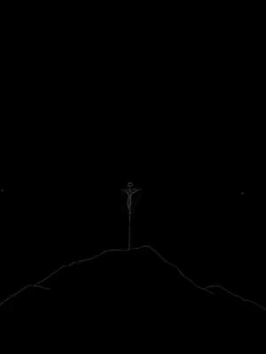 An illustration of a stark, minimalist scene. A dark, all-encompassing background is punctuated by a hill in the lower third, upon which a simple cruciform structure with a figure hangs, suggesting the crucifixion. The style is graphic and symbolic, conveying religious themes through silhouette and negative space.