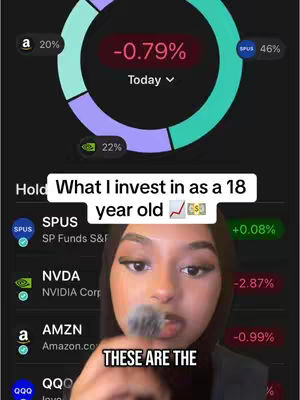 A vertical video cover image shows a financial app on a smartphone. A pie chart in the top portion details investment percentages, presenting data on a dark background. Below the chart, the creator is in the frame with microphone in hand. The creator, a young woman, is wearing a hijab and looking directly at the camera.
