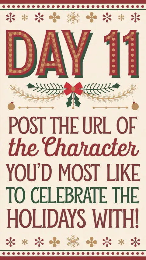 A festive graphic for 'Day 11' of a holiday-themed challenge. The design features a cream-colored background with red and green accents. The text 'DAY 11' is prominently displayed at the top, with a decorative border of snowflakes and stylized floral elements. Below the day number is the prompt 'POST THE URL OF the CHARACTER YOU'D MOST LIKE TO CELEBRATE THE HOLIDAYS WITH!', written in various fonts and colors. The image is framed with red and green lines, and embellished with Christmas-themed motifs like snowflakes and ornaments.