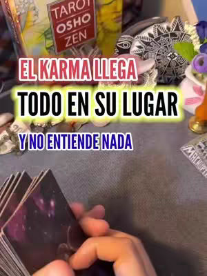 The image shows a close-up of a pair of hands holding a deck of tarot cards, with an out-of-focus background featuring various items associated with tarot and spirituality. Text overlays in bold fonts spell out phrases related to karma and destiny.