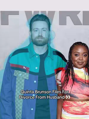 The cover image features two people, a man and woman posing for a photo. The man is light-skinned with short brown hair and a beard, wearing a teal jacket with a blue underlayer. The woman has dark skin and brown braids, wearing a red-orange and yellow patterned top. The background is an off-white wall with large gray text. Text overlayed on the image reads: "Quinta Brunson Files For Divorce From Husband".