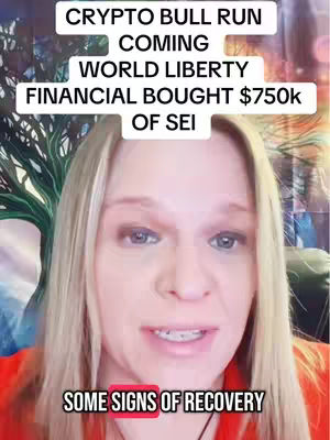 A woman with long blonde hair and an orange shirt is centered in the shot, with text overlays at the top and bottom. The top text reads 'CRYPTO BULL RUN COMING WORLD LIBERTY FINANCIAL BOUGHT $750k OF SEI.' The bottom overlay says 'SOME SIGNS OF RECOVERY,' with a red rectangle around it.