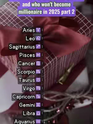 The image presents a gift box with a red ribbon on top. A list of zodiac signs with their symbols are displayed in a dark font with a purple rectangle background.