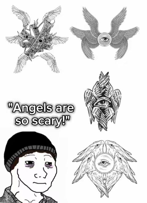 The image is composed of illustrations and overlaid text. It features several detailed black and white illustrations of angels with multiple wings and eyes. The artwork is reminiscent of historical or religious drawings. The main figure is a cartoon drawing of a man wearing a black beanie with a neutral expression. Over laid text gives the image context.