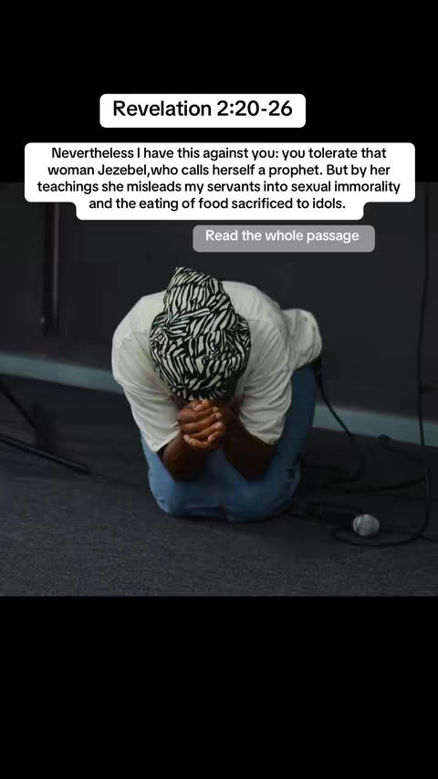 A person kneels on a dark surface, hands clasped in prayer, the top of their head covered by a patterned head covering. Text overlays provide context about religious scripture.