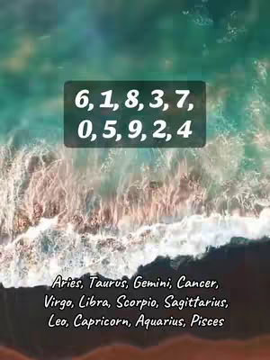 The image is split horizontally, with the bottom half dominated by a depiction of ocean waves and the top by a blue and green gradient. Above the ocean, set on a textured dark green rectangle, is the hook text that has the numbers. Below the rectangle, a list of zodiac signs is displayed, written in a cursive font.