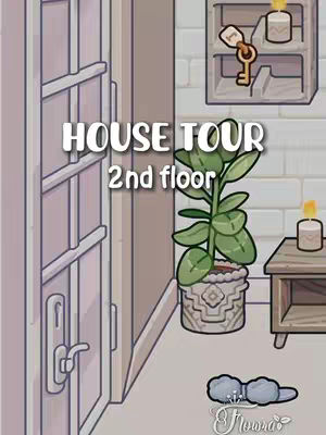 The cover image for the video shows a digital illustration of an interior space. The scene presents a corner view with a door on the left, a wall in the middle, and a cabinet and table on the right. The door and door frame are light lavender, while the wall is a beige color. A green plant in a decorative pot sits in front of the wall. A candle and key-hanging shelf add detail. The image also features overlaid white text saying 'HOUSE TOUR' and '2nd floor'. The style is clean with soft lighting and a neutral color palette.