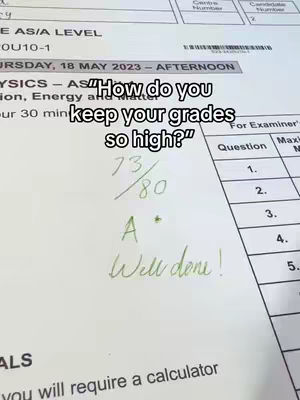 The cover image shows a close-up shot of an exam paper with a physics question, the result is 73/80 with A* grade, on top of the paper there is a text overlay. The background is out of focus, and the layout is dominated by the paper's layout. The colors are dominated by white, black and green.