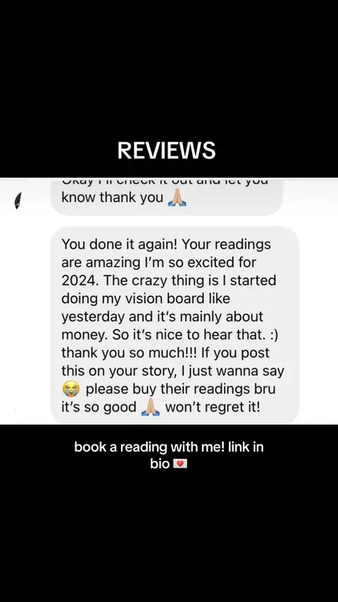 The image shows light gray text messages with testimonials against a black background. "REVIEWS" is written in white at the top. The messages provide customer reviews; below, the user is encouraging people to book a reading, with an embedded link in the "bio" section.