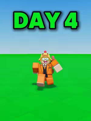 A Roblox character animated, with an orange outfit, a yellow chicken hat, and a thumb up sign on a green background with a sky background. The text overlay says Day 4.