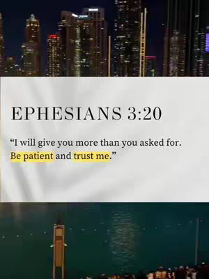 The cover image features a nighttime cityscape in the background and a partial view of water in the foreground. Overlayed is text from Ephesians 3:20, highlighted against a white and gray gradient background.
