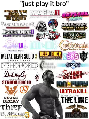 The cover image showcases a collection of video game logos arranged around a muscular, cartoonish character with headphones. The text "just play it bro" appears at the top. The layout features a grid-like arrangement of game titles. Color palette is diverse, with the game logos maintaining their original branding colors. The overall composition is energetic and aimed at game-related content.