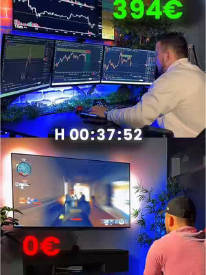 The video cover image is split into two sections. The top section shows a man seated in front of multiple computer screens displaying financial charts. The background is dark, with green highlights indicating profits, and the text overlay at the top right shows a value of 394€. Another text overlay at the bottom shows "H 00:37:52". The bottom section shows the same man playing a video game on the wall TV. The screen shows an action game scene, and a text overlay at the bottom left reads 0€