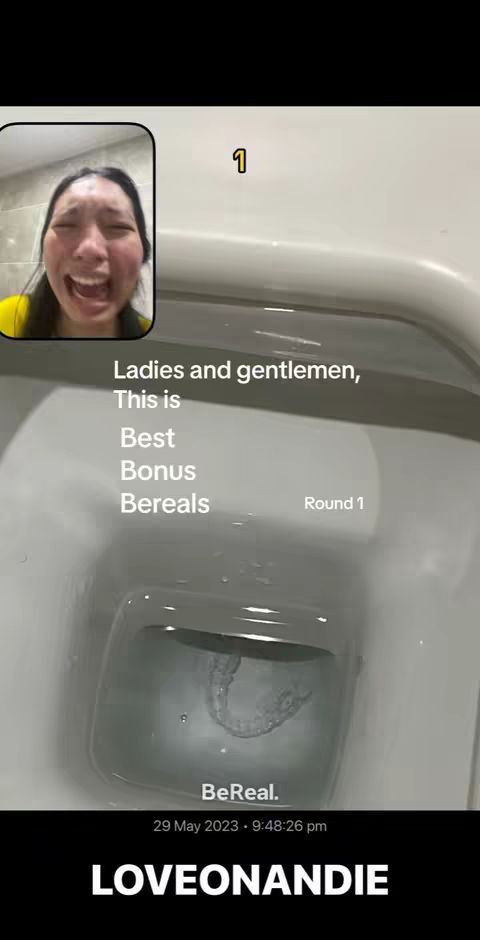 The image shows a woman in a bathroom setting, captured in a close up video-call style frame. The woman appears to be crying or laughing hysterically. Overlayed text reads "Ladies and gentlemen, This is Best Bonus Bereals Round 1". The timestamp "29 May 2023 · 9:48:26 pm" and the username are at the bottom over a dark stripe.
