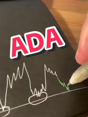 A hand is drawing a downwards sloping graph line with a green pen on a black surface. Overlayed text says "ADA" in a red and white block letter font. The background appears to be a notebook and the surface is possibly wood.
