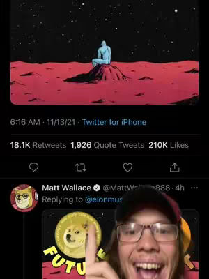 The cover image is a split-screen featuring a tweet superimposed on the face of a man. In the top half, a screenshot of a Twitter post is shown, depicting a red planet-like surface with a solitary figure in a blue suit seated on a small hill. Below, the man's face fills the bottom half, with his eyes wide and mouth open as if in excitement. The man is wearing glasses and a baseball cap.