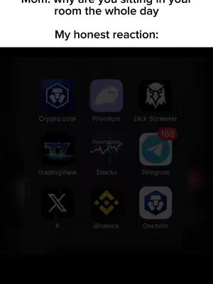 The image displays a mobile phone screen showcasing various app icons, including Crypto.com, Phantom, DEX Screener, TradingView, Stocks, Telegram, X, Binance, and Onchain, arranged in a grid.