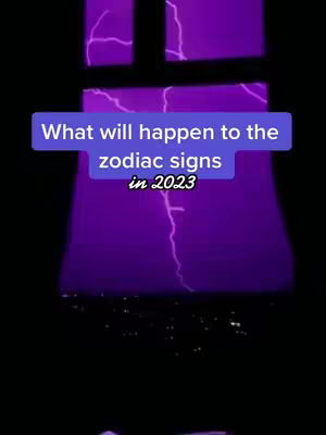The cover image shows a dark, vertical composition dominated by purple hues reminiscent of a stormy sky or lightning. The background has a glimpse of an urban cityscape. Overlaid on this backdrop is a rectangular textbox, colored in dark blue with rounded corners, containing white text. The text reads "What will happen to the zodiac signs in 2023".