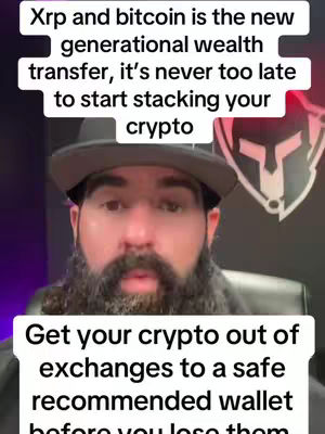 A man with a beard looks directly at the camera with text overlays stating cryptocurrency advice and a logo in the top right corner.