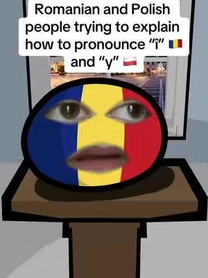 The cover image is a cartoon-style illustration. At the center is a circle designed to look like a face, with the colors and shape of the Romanian flag. Above the circle is a text box with text that reads, 'Romanian and Polish people trying to explain how to pronounce "î" and "y". A background is seen in the area of the image that is above the face. The background appears to be a digital illustration of what looks like a city scene, possibly at night.