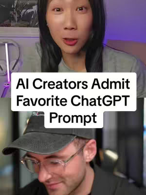 The cover image is a split screen showcasing two individuals. The top half features a woman with her mouth open, suggesting speech or surprise, framed against surroundings with purple lighting. The bottom half presents a man wearing glasses and a baseball cap, with a focused expression. A white rectangular overlay states, 'AI Creators Admit Favorite ChatGPT Prompt' in bold, black font, centered between the two.