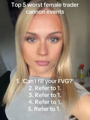 A close-up shot of a young woman with long blonde hair, styled with a side part, looking directly at the camera. She has a fair complexion, with visible makeup including eye shadow, mascara, and lipstick. The background is blurred but appears to be an indoor setting, possibly a room or closet. Text overlays the image, listing a series of 'worst female trader cannon events' with the woman's face as the focus.