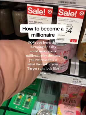 The image shows a person's arm reaching into a Target store shelf, holding a can of pink sparkling water. The shelf is stocked with various beverages, and sales signs are visible. Text overlays provide financial advice.