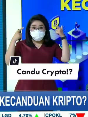 A woman in glasses and a face mask is pointing towards her head with both index fingers. Above her is the text "Candu Crypto!?" in white letters on a black background. The background of the image is a blue studio setting with text and a Bitcoin graphic. The bottom of the image displays market data in a ticker tape format.
