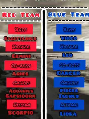 A split image with a beach background, featuring two columns labeled "RED TEAM" and "BLUE TEAM". Each team lists various roles and zodiac signs in colored boxes.