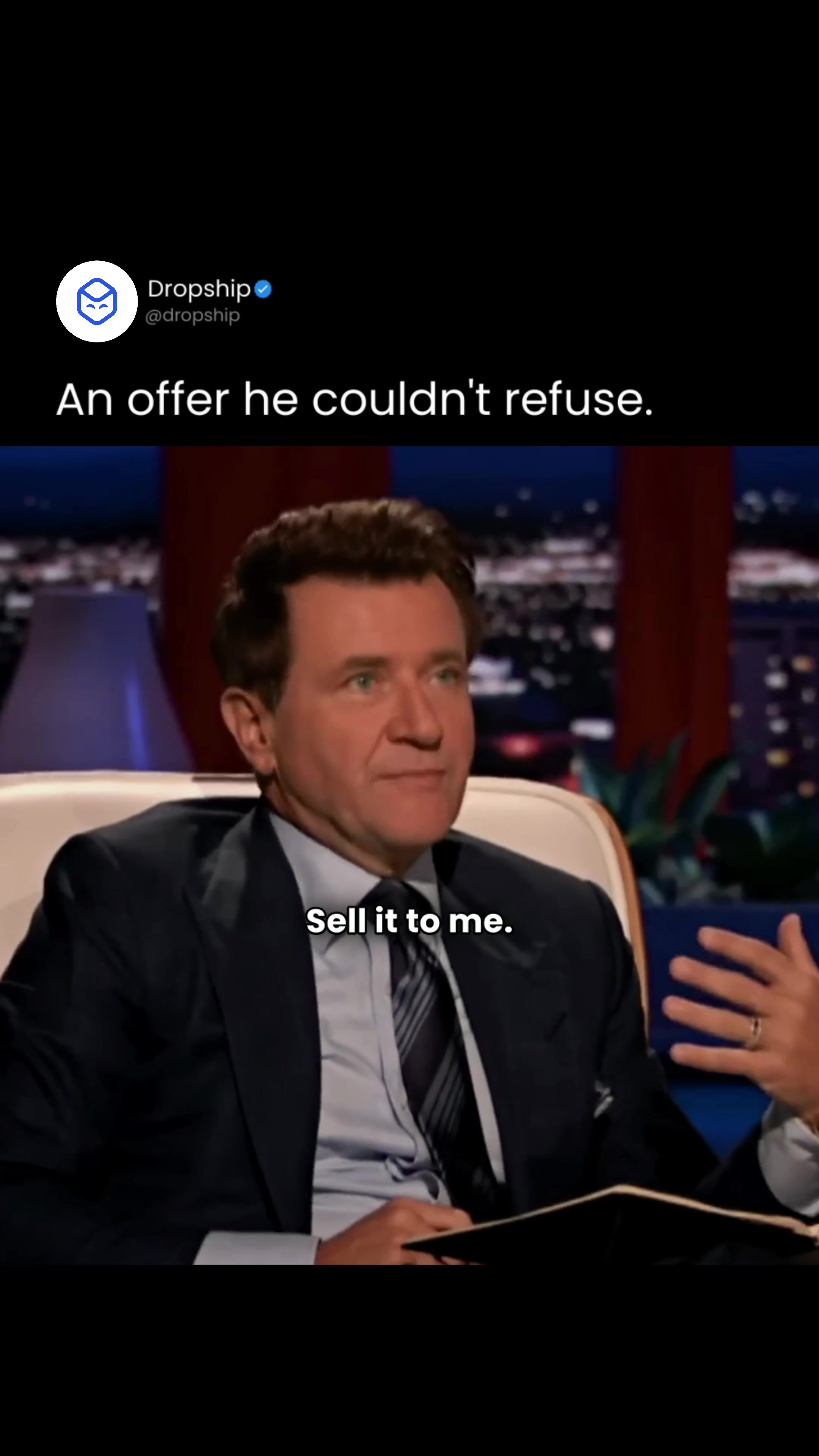 The image is a screen capture from the TV show "Shark Tank". Robert Herjavec, a shark, is looking towards the right with an expression of interest. The overlay text  reads "An offer he couldn't refuse."