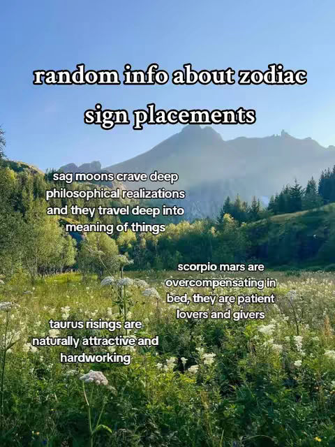 A scenic image featuring a lush green field with wildflowers in the foreground, and a mountainous landscape in the background under a clear blue sky. Text overlays describe zodiac sign placements.
