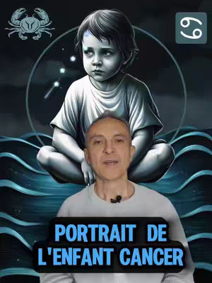 The cover image features a man in the bottom center addressing the camera. Above him, an artistic image of a child is sitting, surrounded by a circular design with stars or lights. The background is dark with water-like patterns. The text overlay reads "PORTRAIT DE L'ENFANT CANCER".