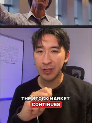 The cover image is split horizontally. The top half shows a man gesturing with his hand, seemingly from a video clip. The bottom half shows a man in a black sweater looking at the camera. Below, a text overlay reads, 'THE STOCK MARKET CONTINUES'. The background is a whiteboard and a chair.