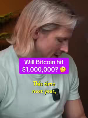 The cover image features a man with light-colored hair and a light green t-shirt. A purple rectangle overlay with the question "Will Bitcoin hit $1,000,000?" along with a thinking face emoji is placed in the center. Below this, the text "This time next year," is displayed in a yellow font.