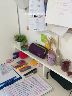 The cover image displays a well-lit study desk filled with various items. On the desk, there's an open notebook with handwritten notes, pens, and highlighters, suggesting active studying. A small shelf above holds a purple pencil case, decorative items like a small plant, and a colorful pom-pom. The background has white walls with items either affixed or arranged against them, including stationary and notes. The overall composition is a tidy and aesthetic representation of a study environment, suitable for study-related content.