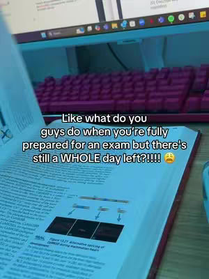The cover image shows an open textbook with detailed diagrams, a laptop with a pink keyboard in the blurred background, and an overlaid text hook. The book is in the foreground, taking up most of the frame and the text overlay is located at the center of the frame.