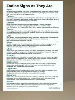 A white paper with text about zodiac signs. The paper background is slightly off-white. Text is black and organized in a list format.