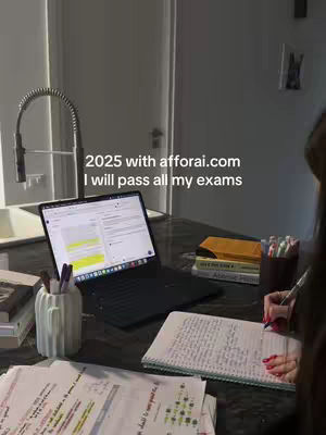 A woman is at a desk with a laptop, papers, and pens. Text overlayed on the image says "2025 with afforai.com I will pass all my exams"