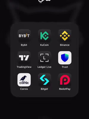 A screenshot of a phone screen displaying a grid layout of nine app icons. The backdrop is a plain black. The app icons are square with rounded corners and a dark theme. The apps are crypto trading related, with logos like Binance, KuCoin, and Bybit, with the app names underneath.