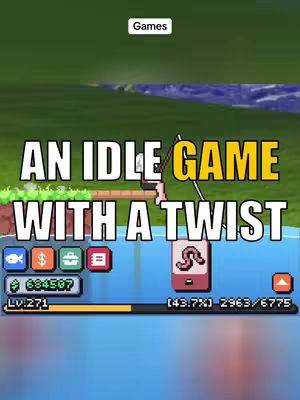 The cover image is a screenshot of a pixelated idle game set within a pond theme. Bold white text overlays the game screen, with the primary hook "AN IDLE GAME WITH A TWIST." The upper portion shows a green field and a blue body of water. The game screen displays fishing-related icons, progress bars, and game statistics. The color palette features blues, greens, and a touch of red and yellow.