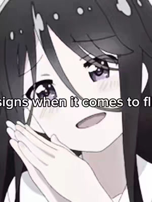 An anime-style illustration features a young woman with long black hair and purple eyes, looking down and to the left with a thoughtful expression. The image is soft and the background is blurred. Text overlayed says "signs when it comes to flirting."