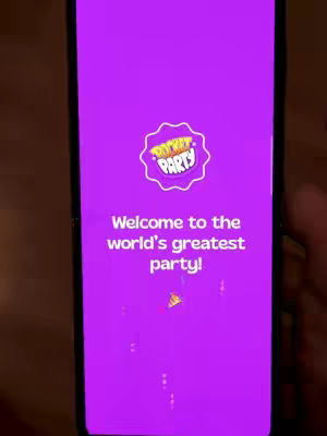 The cover image shows a smartphone screen displaying the Pocket Party app. The screen is primarily purple, with the app's logo in a circular badge at the top. Below this, white text reads 'Welcome to the world's greatest party!' A hand is visible, holding the phone.