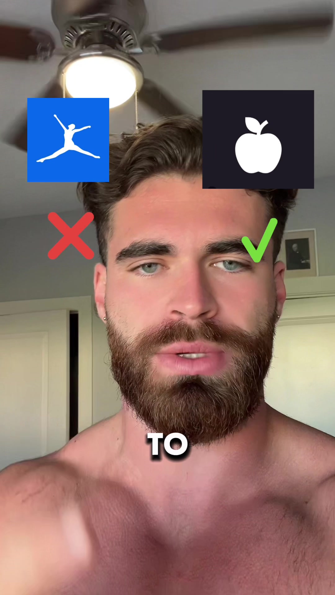 A man with a trimmed dark beard and light skin is centered in the frame, shirtless. Two app icons are above him with opposite indicators; the left one has a person with a cross indicating incorrect, and the right one an apple with a check mark to indicate correct. The word 'TO' is at the base of the man.