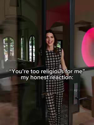 A woman in a patterned jumpsuit smiles as she opens a glass door; text overlayed on the image reads a quote.