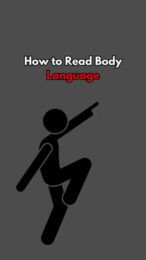A cover image with a dark grey background. White text overlay at the top reads "How to Read Body Language" with the word "Language" in red. Below the text, there is a black stick figure in motion, with arms and a leg extended, and the other leg bent.