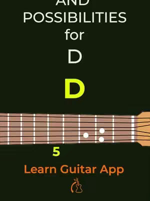 The cover image features guitar chord diagram for the D chord. The background is a dark green.  The word 'AND' and 'POSSIBILITIES' are at the top in white text. 'for' is under it.  A large 'D' is in the center, highlighted in yellow. Below this is an illustration of the guitar fretboard.