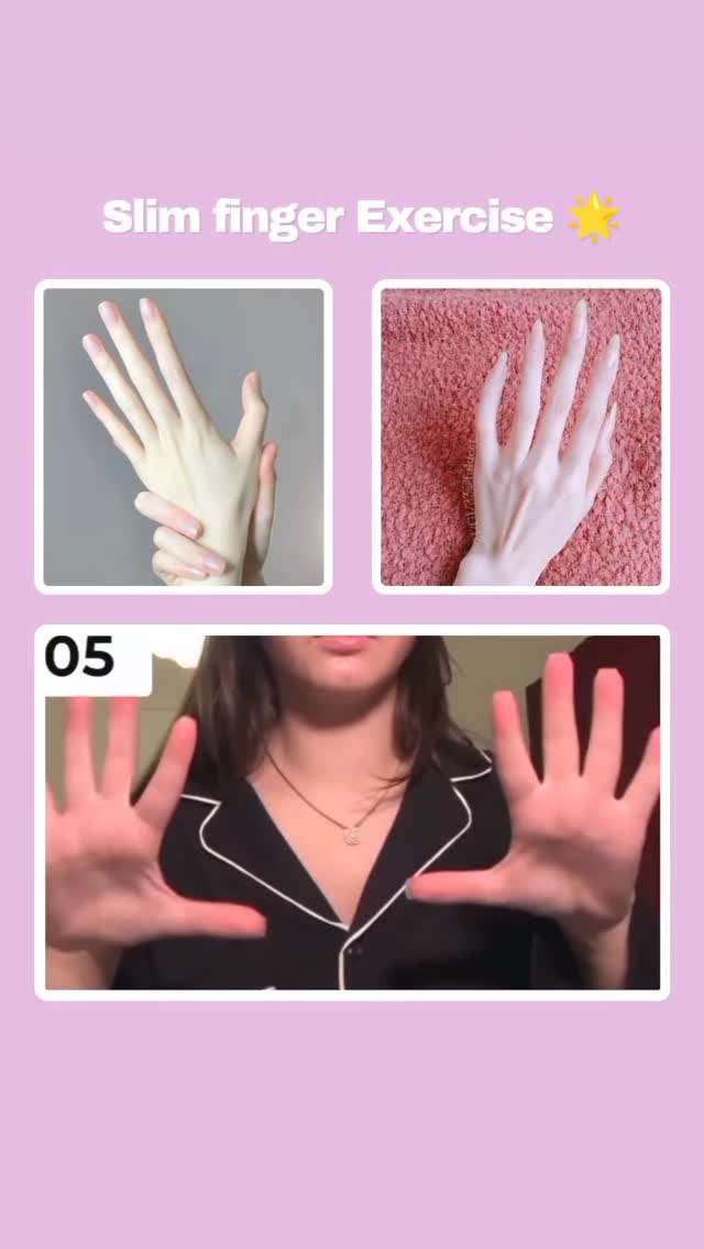 The cover image is a vertical collage featuring three sections against a light pink background. The top section contains the text overlay, "Slim finger Exercise". Below the text, two smaller square images are arranged side by side. The left image shows a pair of hands against a gray background with slightly opened fingers, the right image shows a hand resting on a red fluffy carpet. The bottom section has a larger image with the lower half of a person, the lower lip to the bottom on the image, their fingers are spread out in front of them. The person is wearing a black top with white trim.