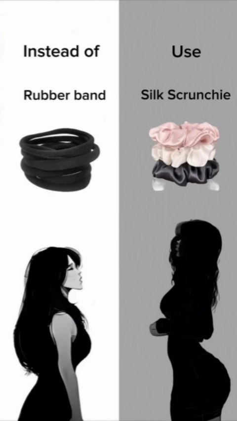 The image is split vertically. The left side depicts a stack of rubber bands above a profile portrait of a woman in a black dress. The background is white. The right side shows a stack of silk scrunchies above a silhouette of a woman in a black dress. The background is gray.