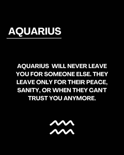 A graphic on a black background. The word "AQUARIUS" appears in white, sans-serif font at the top, with a line underneath it. Below, in a white font, are two paragraphs of text discussing qualities of Aquarius. Below this text is the Aquarius symbol.